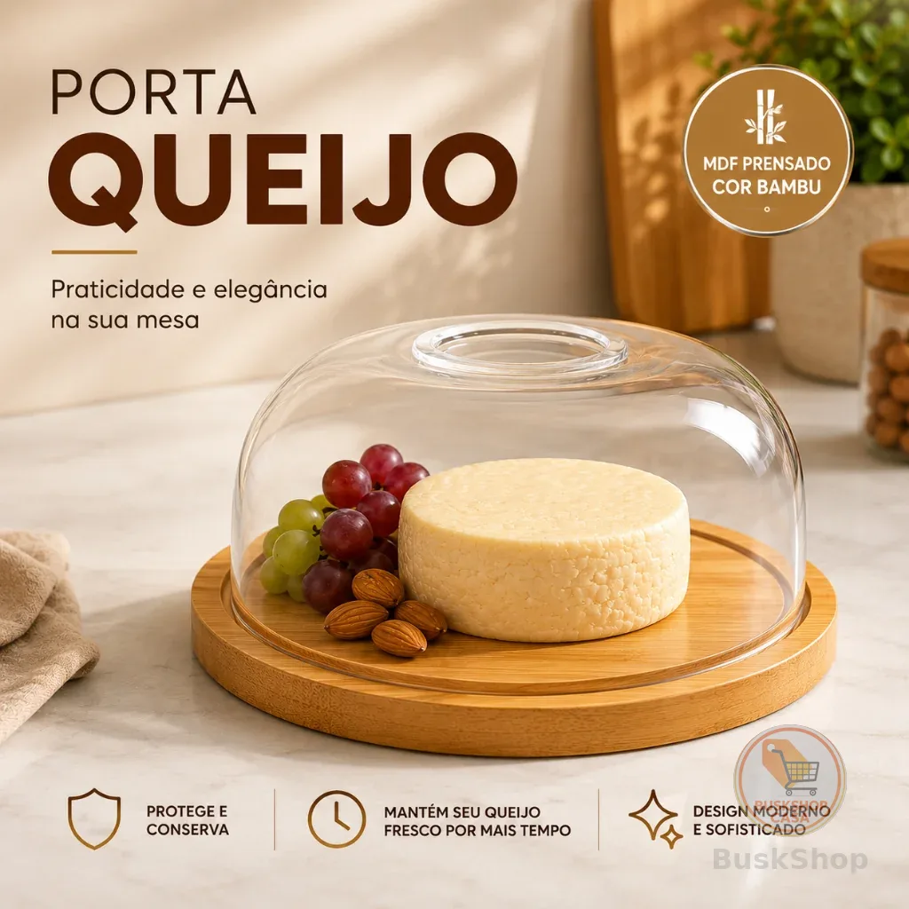 Porta Queijo Cor Bambu com Tampa Acrílico Para Frios e Manteigueira Queijeira Multiuso Conserva