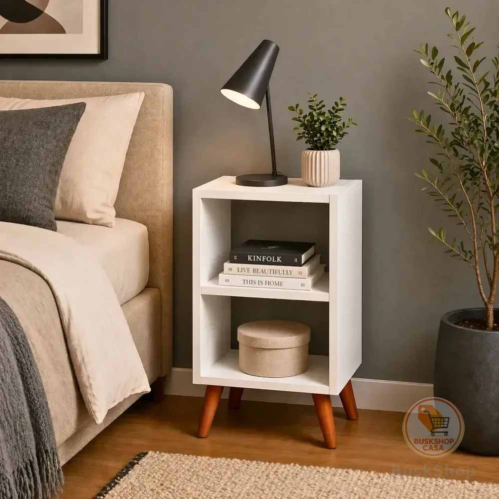 Mesa De Cabeceira Charmosa Nicho Aberto Multiuso Mesinha Lateral Decoração Para Cama De Casal Quarto Com Pés Palito Em Estilo Retrô Roma - Móveis Xpress