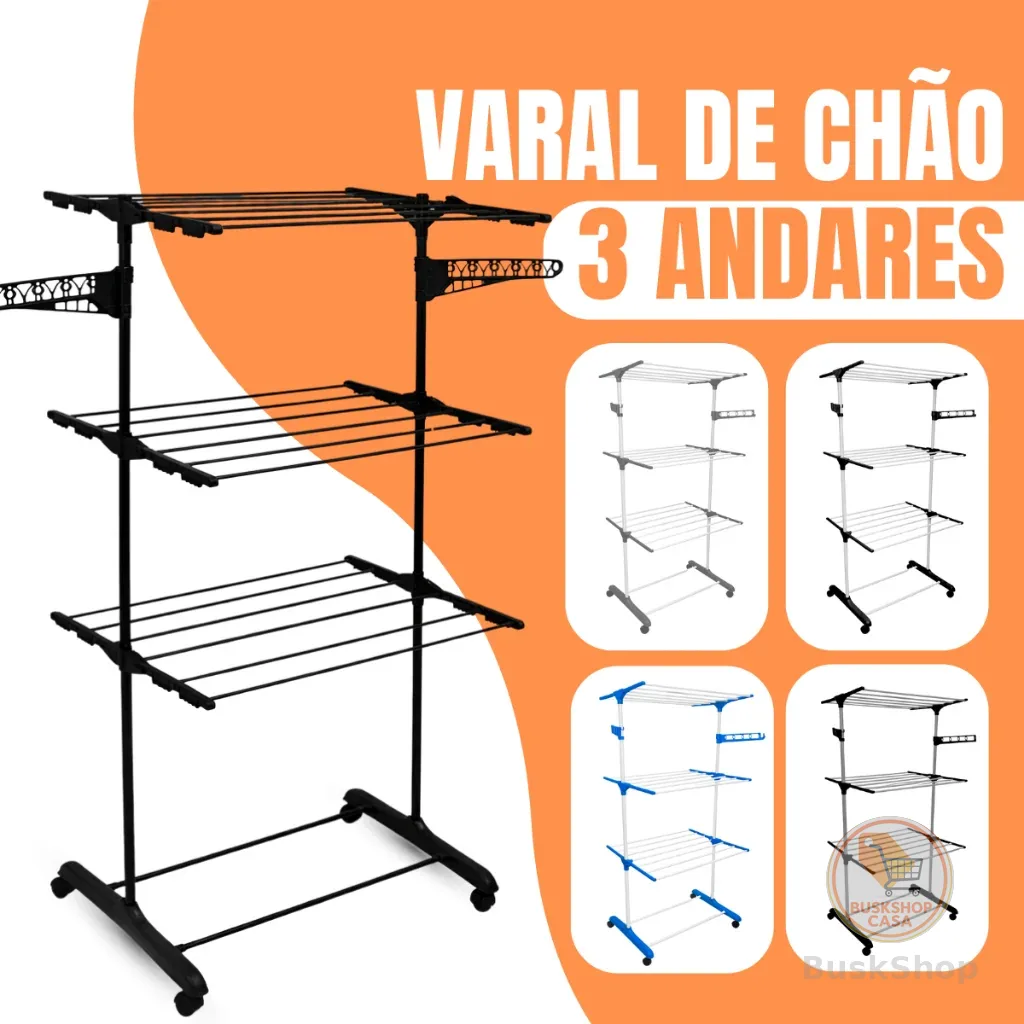 Varal De Chão De Roupas 3 Andares Dobrável Grande 4 Rodas