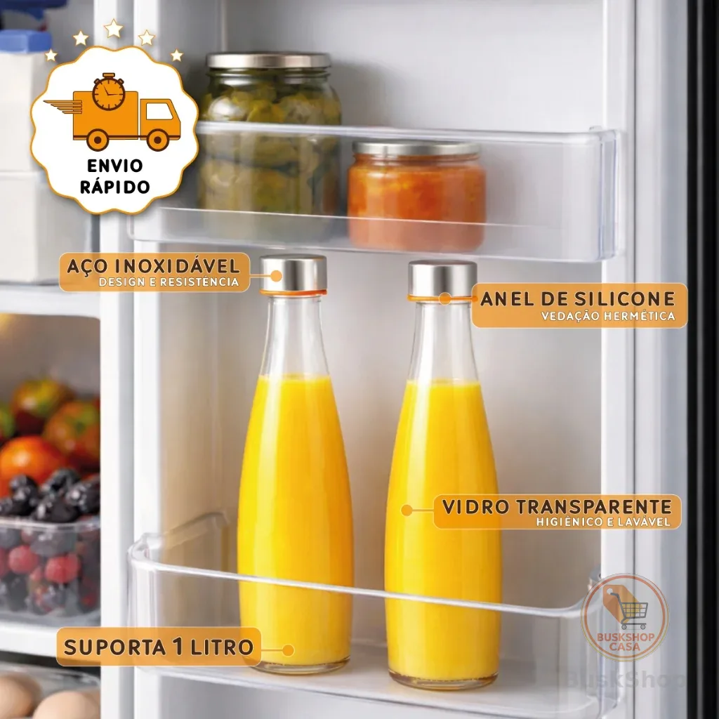 Jogo Garrafas De Vidro Redondo Geladeira Suco Laranja Reutilizável Tampa Hermética De Aço Inoxidável