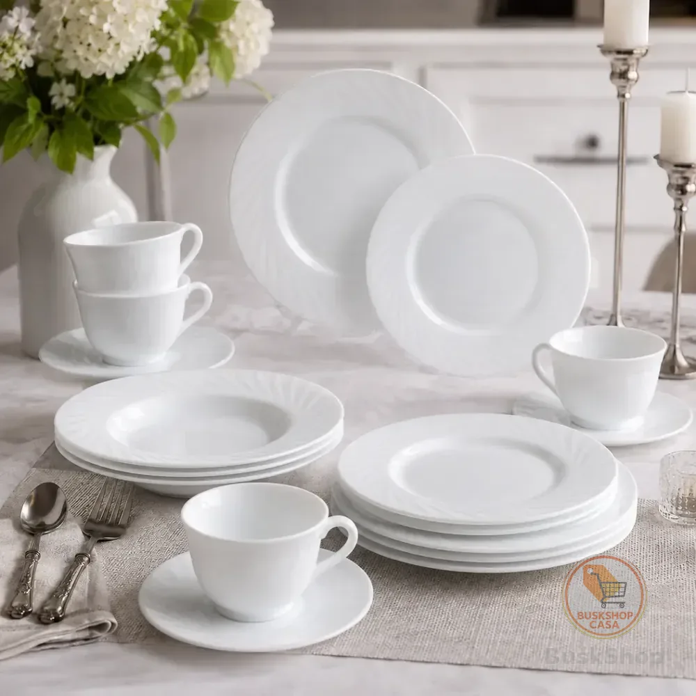 Aparelho Jantar 16 Peças Opaline Branco Vidro Mesa Posta Branco Lisa