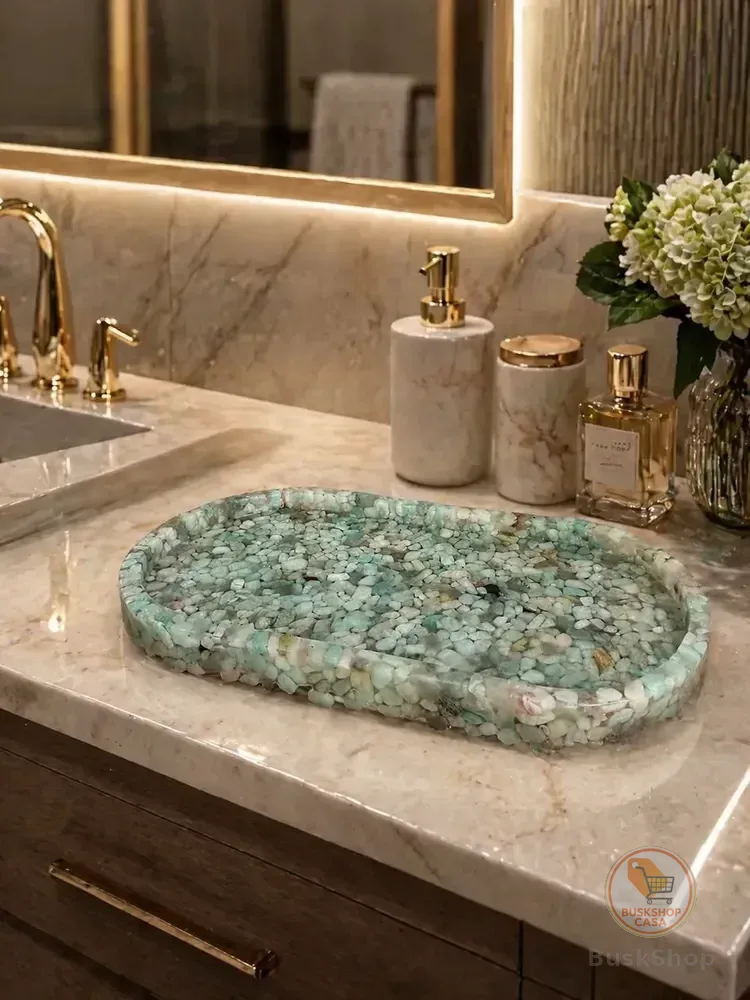 Bandeja Oval Premium Lavabo Banheiro Luxo Quartzo Natural Verde Tifany