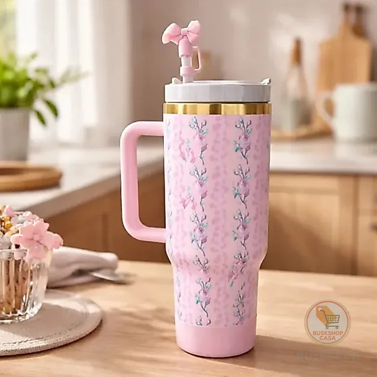 Garrafa 1200ml Térmica Estampa Floral C/ Capinha Silicone Na Base + Tampa Para Canudo