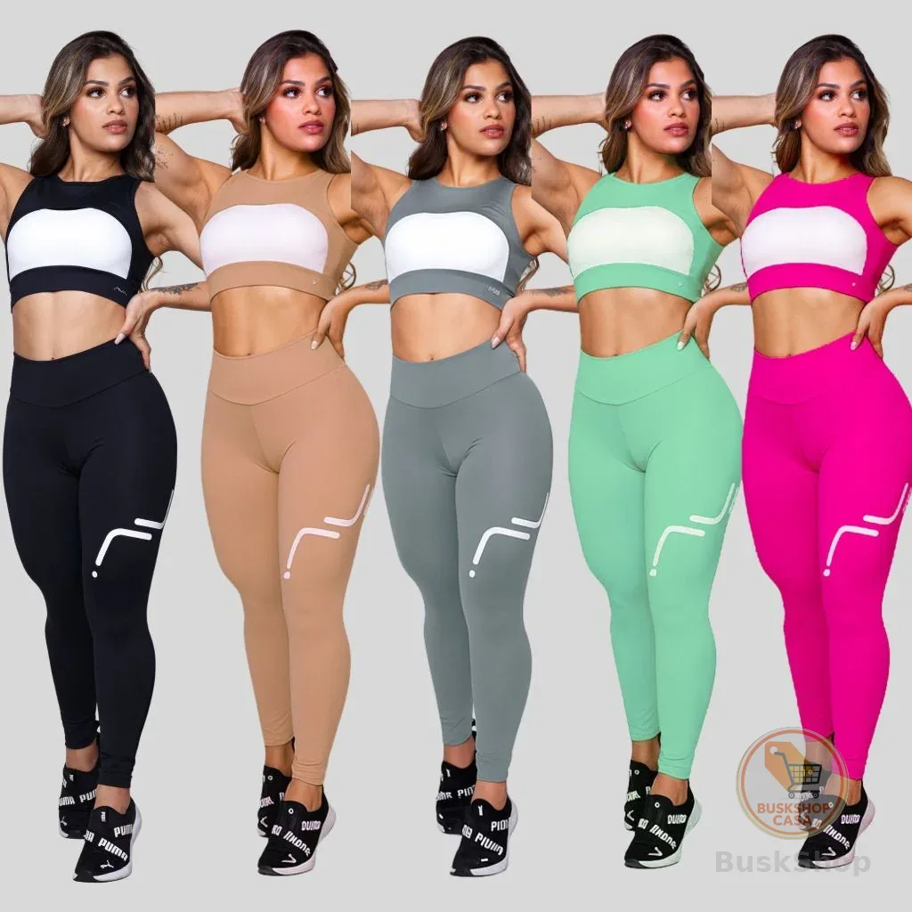 Conjunto Feminino Academia Suplex Poliamida Top Com Abertura e Legging Silk AVA Fitness