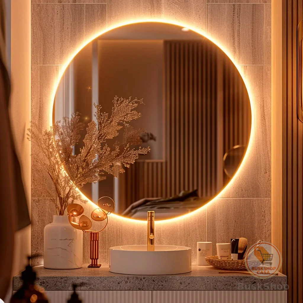 Espelho Decorativo Redondo para Escritório Sala Quarto Banheiro c/ Led 60cm 50cm 40cm 30cm + Suporte