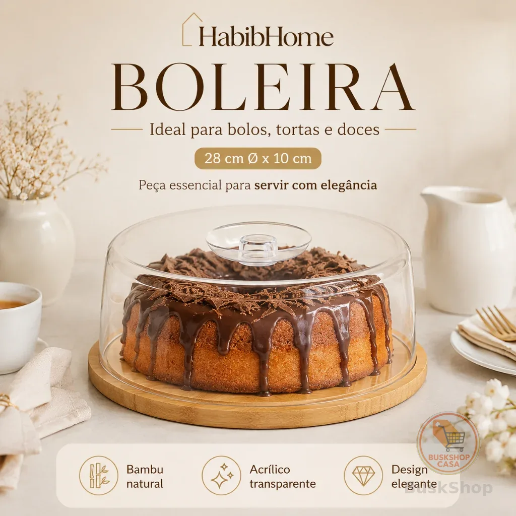 Boleira com Tampa Acrílica e Base de Bambu para Mesa Posta Cozinha Servir Decorar e Organizar