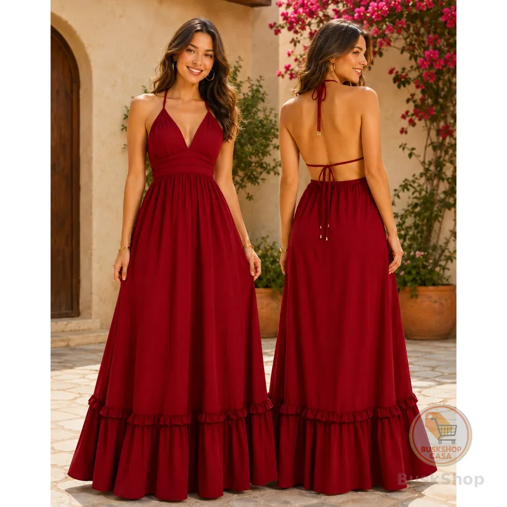 Vestido Longo Feminino Elegante Frente Única Costas Nuas Fluido Amarração Ajustável Festa