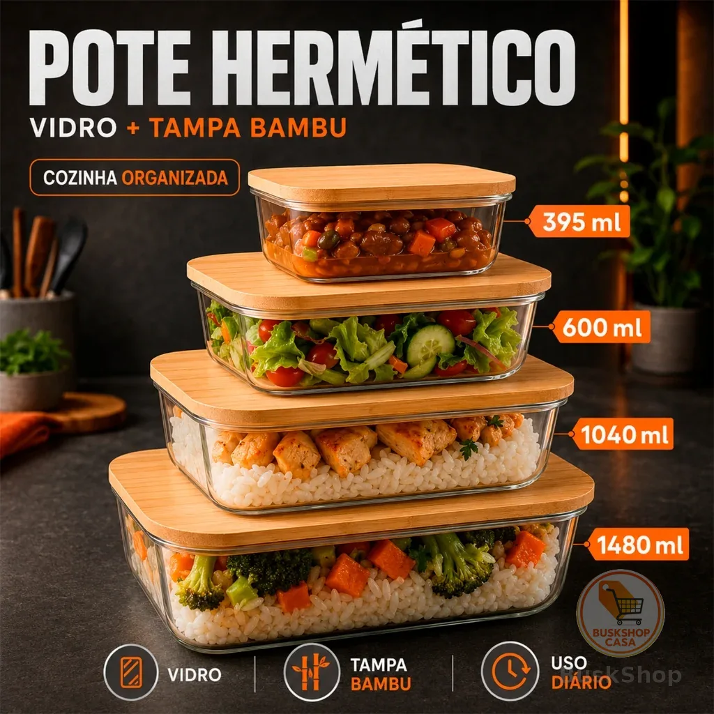 Pote De Vidro Hermético Quadrado Marmita Potes Conjunto Tampa Bambu