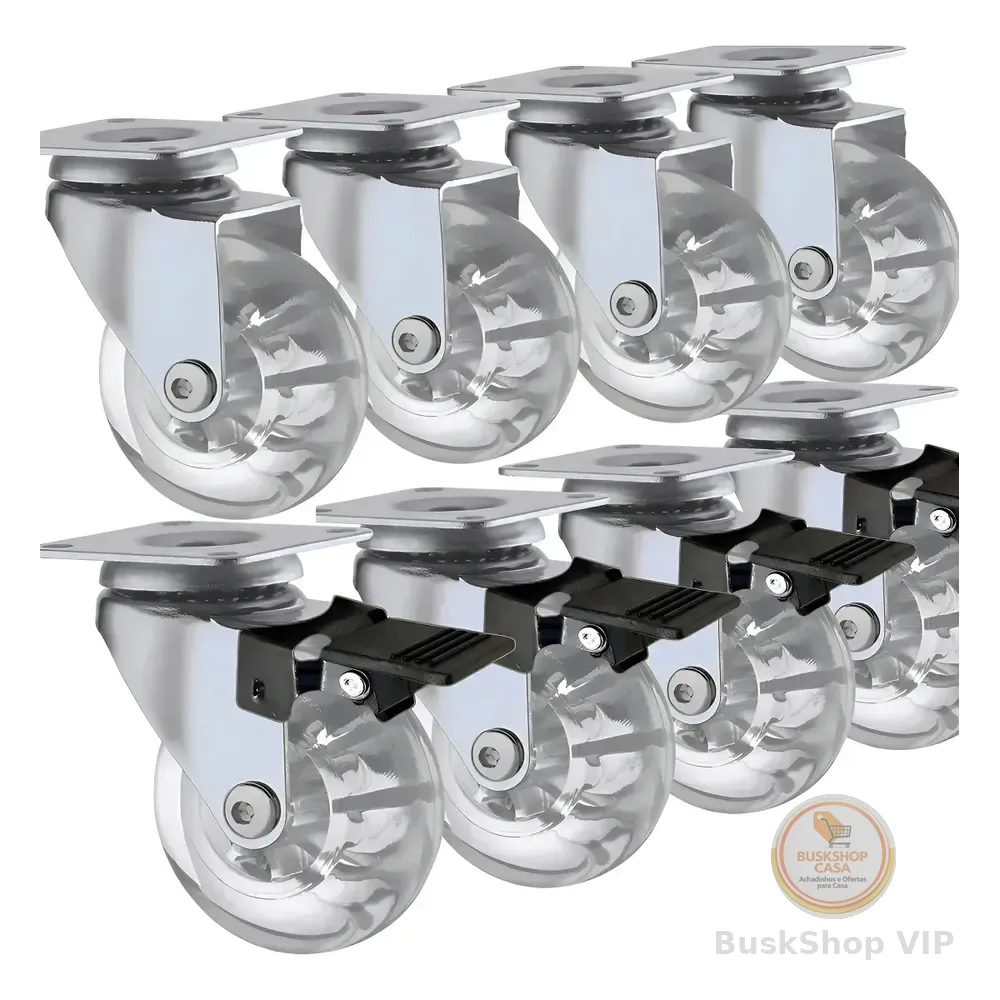Kit 8 Rodinhas Para Moveis Rodízio Roda 50mm Silicone Reforçada Giratória Com Trava 2 Polegadas Com Placa E Freio Gel Transparente