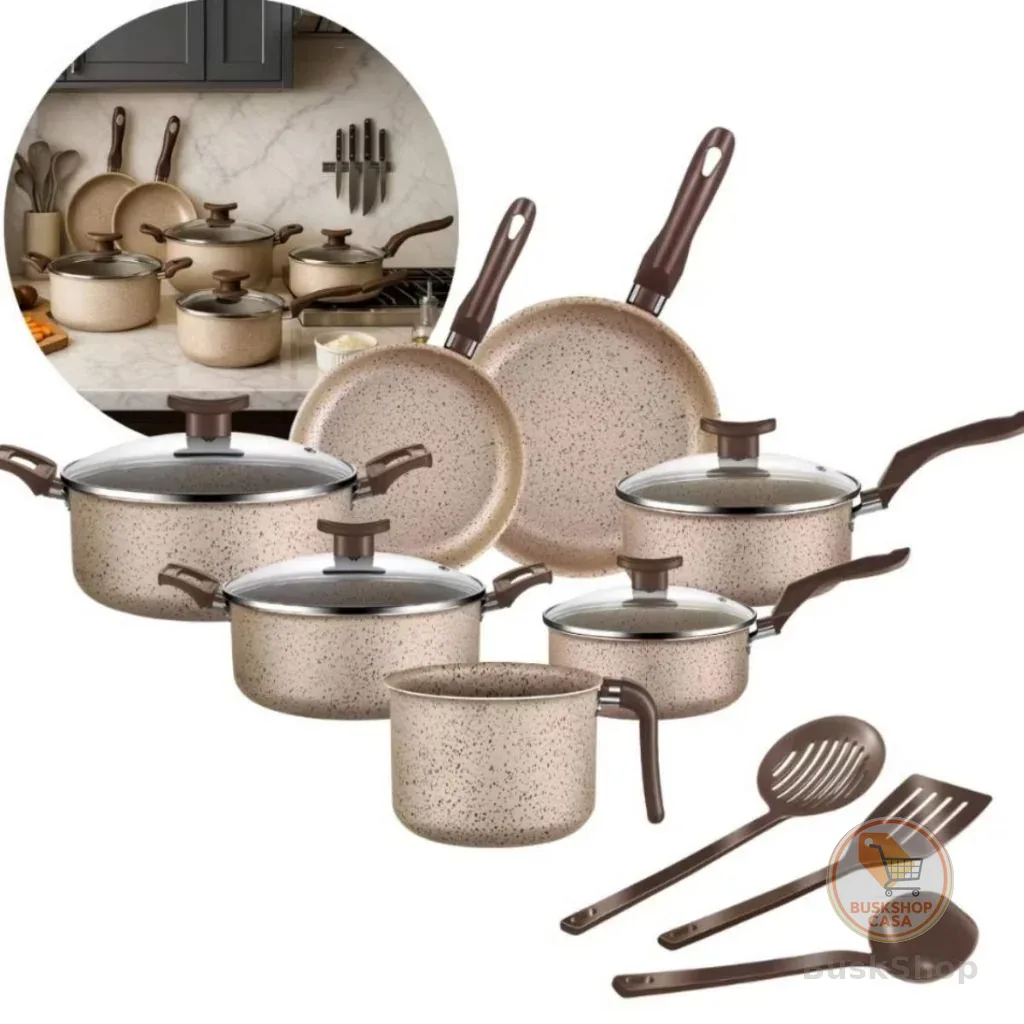 Jogo De Panelas 10 Peças Antiaderente Conjunto Frigideira Fervedor tampa de vidro Cor Coffee Cappuccino Kit Talheres