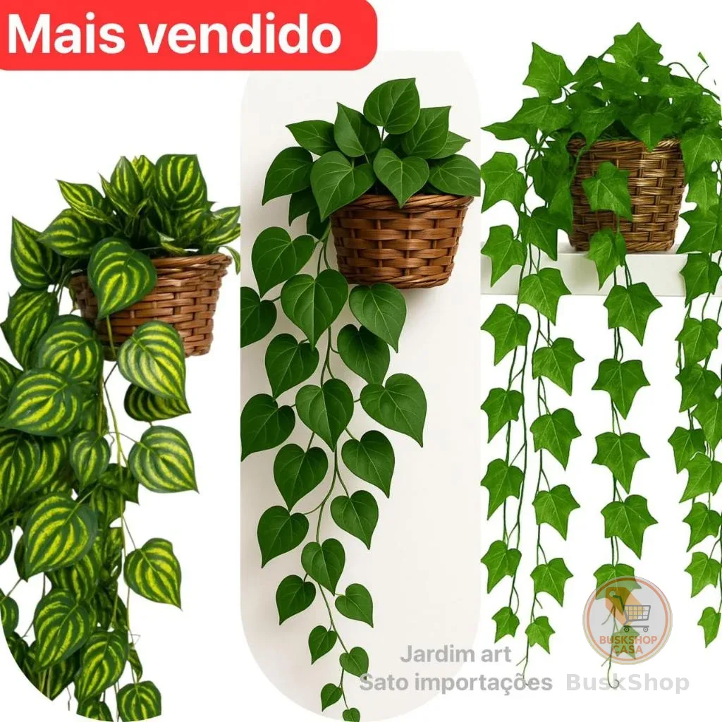 Arranjo c/ 3 Trepadeira Folha de HERA + Vaso Trançado Marrom