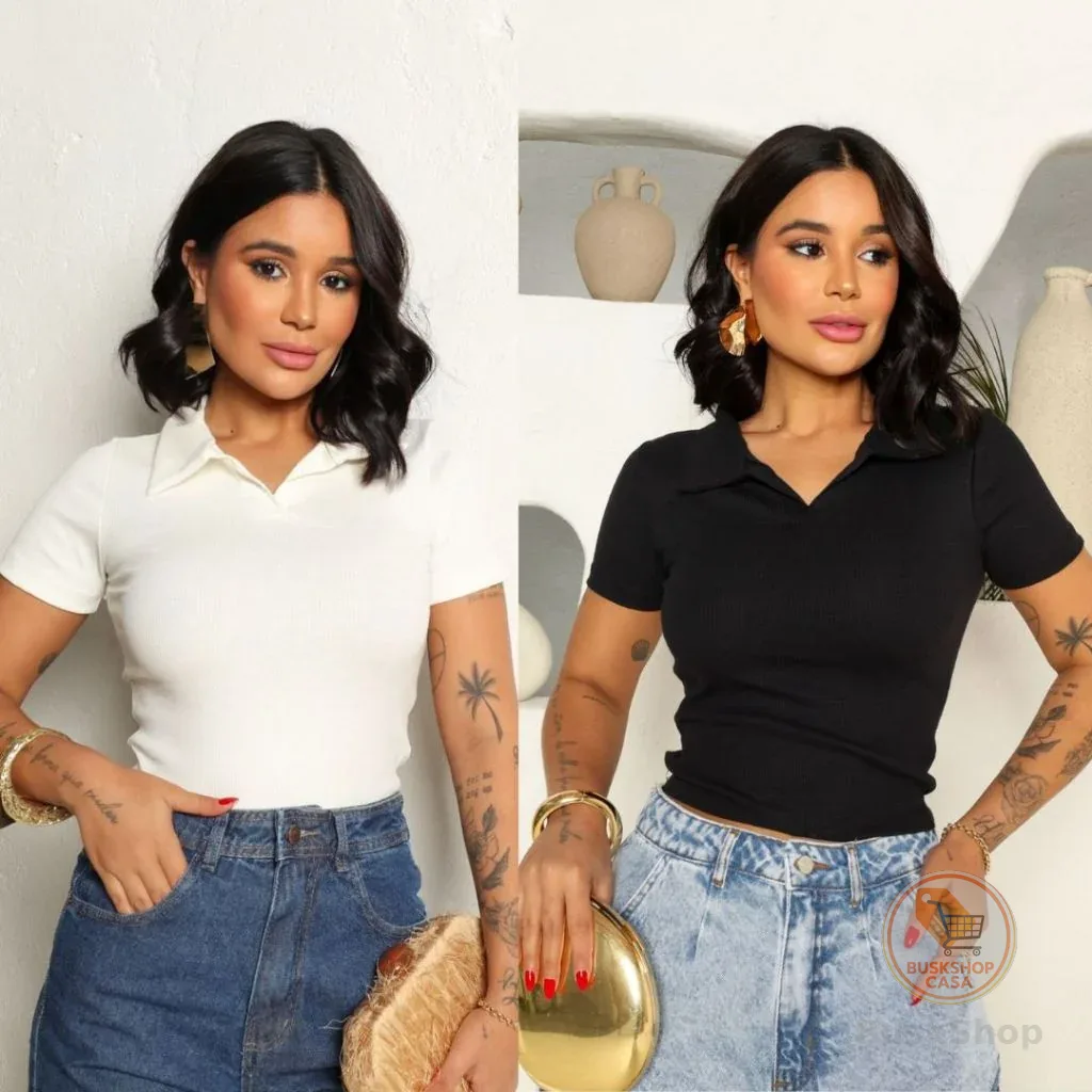 Blusa Feminina Curta Gola Polo Ribana Canelada
