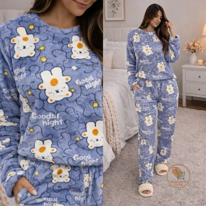 Pijama Feminino Soft longo manga comprida para Inverno quente estampado Quentinho Conjunto Manga Longa Calça Confortável
