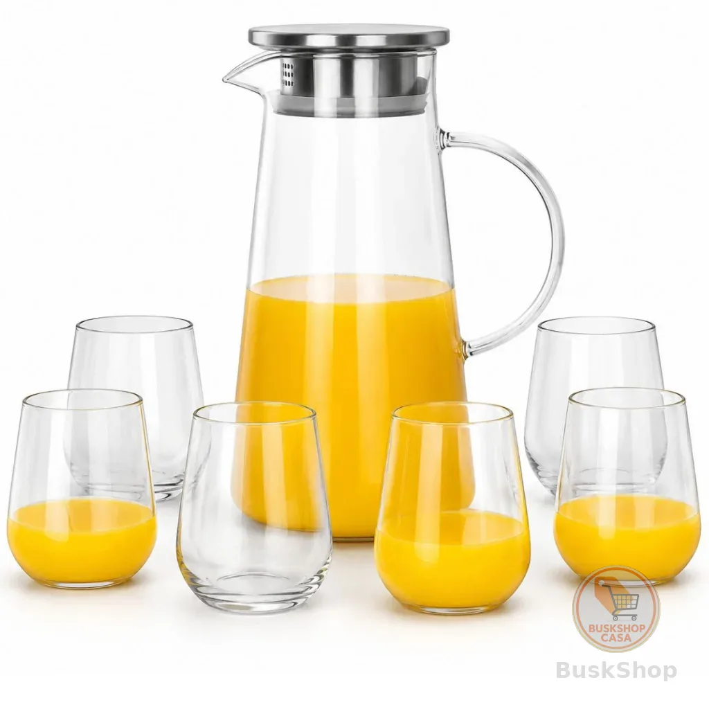 Kit Jarra Borossilicato Tampa Inox 1,9l + 6 Copos 450ml Agua Suco chá transparente