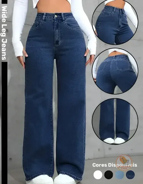 Calça Wide Leg Jeans Feminina Reta Perna Larga Empina Bumbum