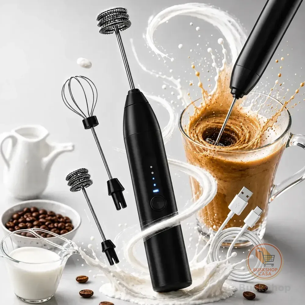 Mini Mixer Elétrico Misturador De Bebidas 2 Em 1 Portátil Fue Recarregável Mexedor De Ovos Whey Leite Café Espuma Shake Drinks Capuccino E Várias Bebidas Homeroarte Preto