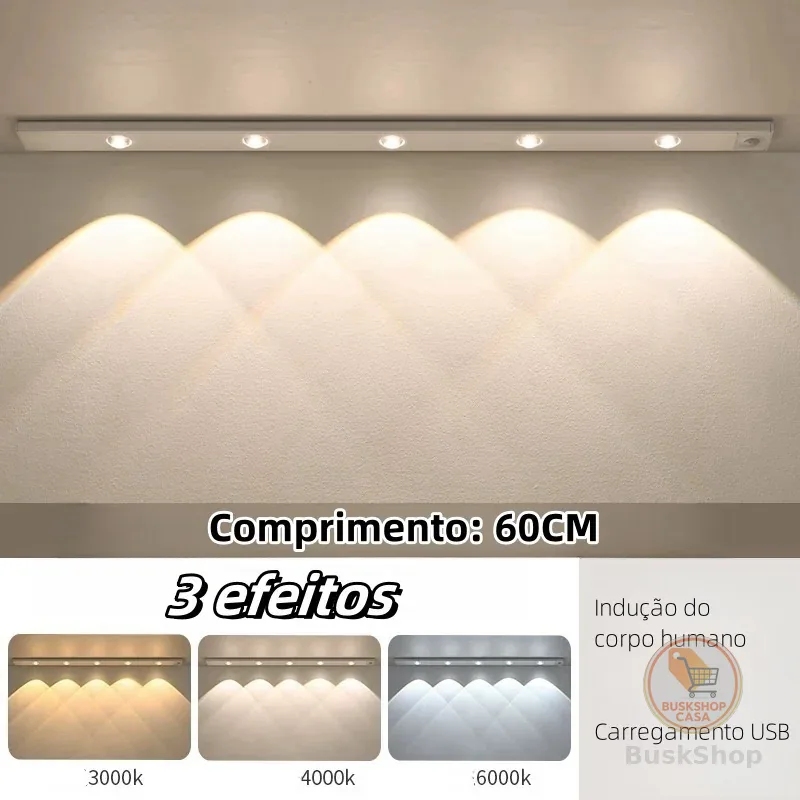 Luminária LED 60cm 3 Cores USB Recarregável com Sensor de Movimento luminação Noturna Inteligente-F9