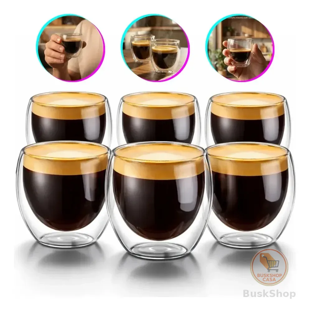 Copos Café Vidro Kit 6 Unidades Parede Dupla 90ml Borossilicato Transparente para Expresso Chá Bebidas Quentes Luxo