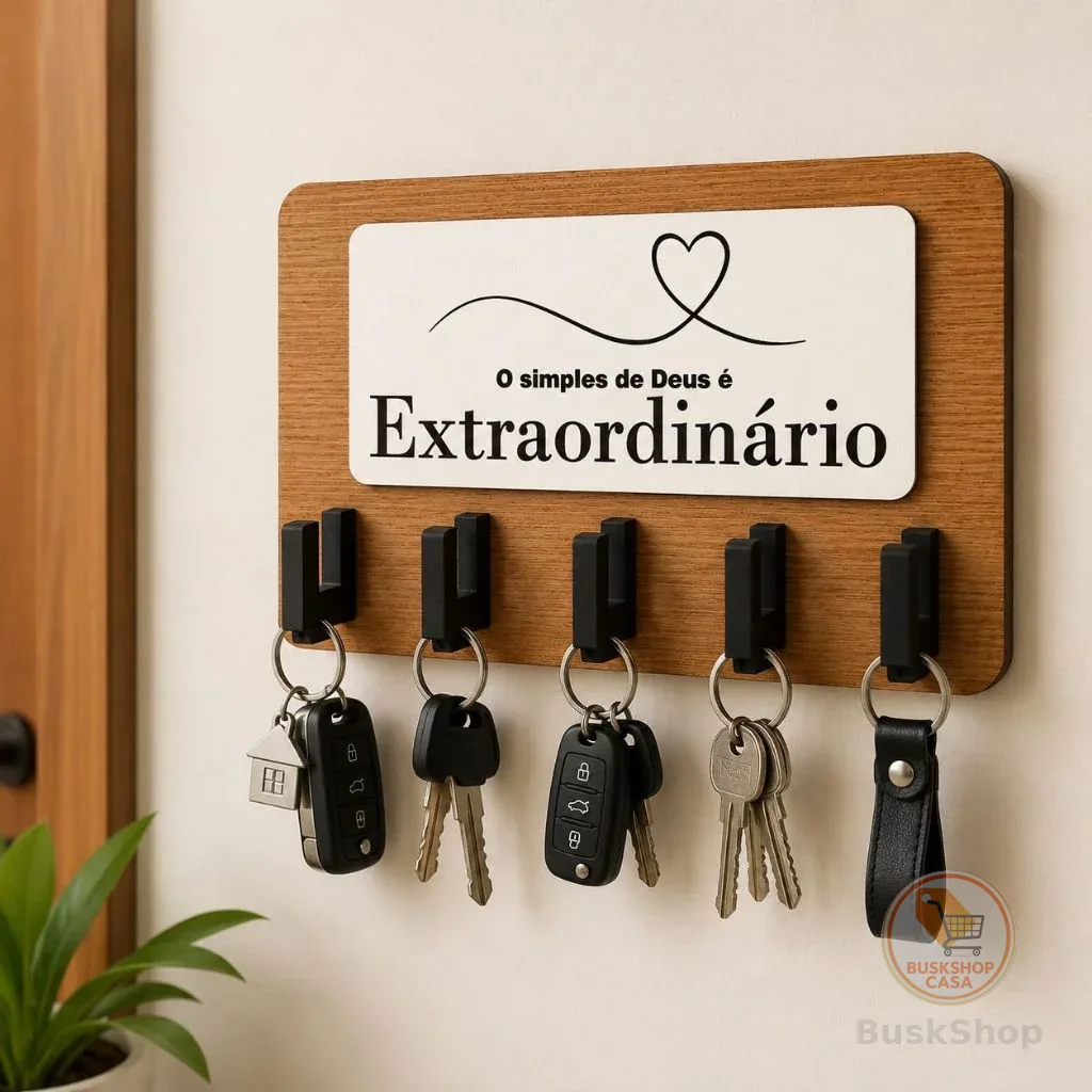 Porta Chaves Parede MDF Decorativo Frase Gravada Laser Organizer 5 Ganchos Entrada Casa Presente