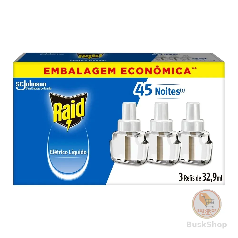Raid Repelente Eletrico Líquido, 45 Noites de Proteção, 3 Refis de 32,9ml