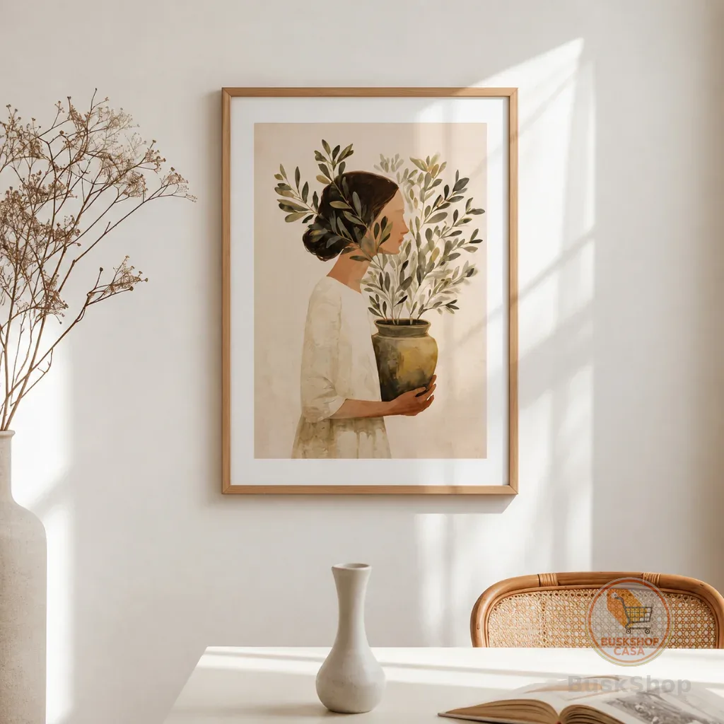 Quadro Decorativo Abstrato Mulher Plantas Boho Tons Terrosos Com Moldura e Vidro