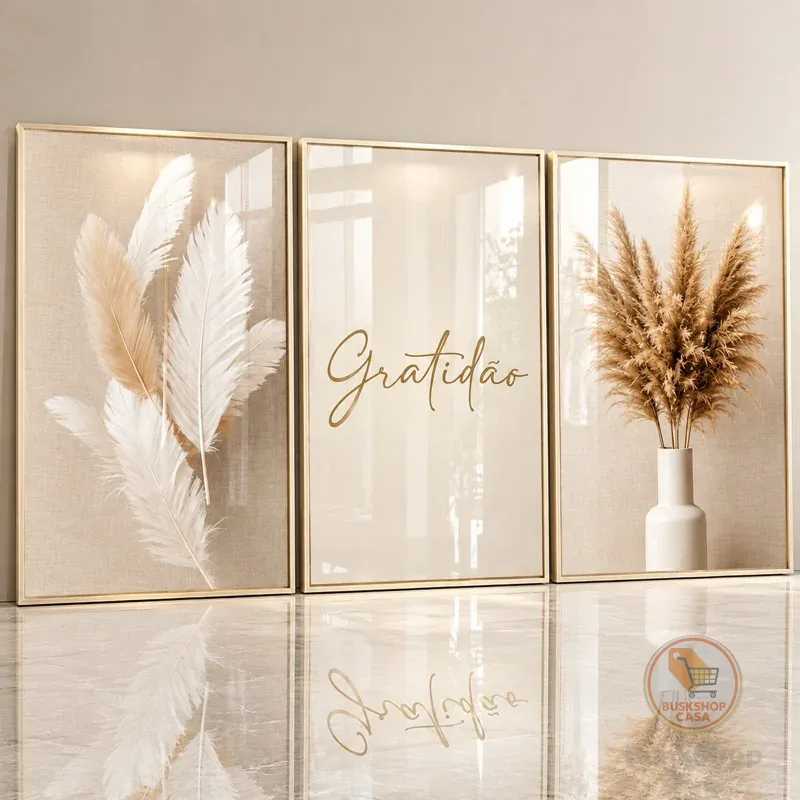 Quadro Decorativos Trio Gratidão Ramo de Trigo Prosperidade Branco Moderno para Sala Hall Escritório