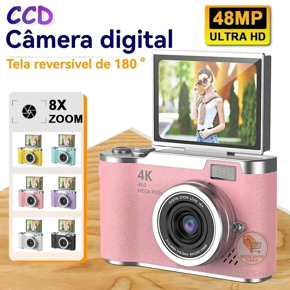 Câmera digital com zoom 4K CCD 8x, adequada para fotografia estudantil, compacta de 48MP, tela flip selfie de 180°