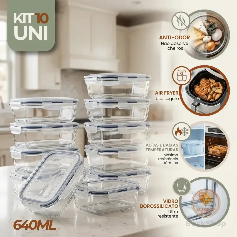 Kit 10 Pote De Vidro Marmita Hermético 640ml Freezer Fitness Rishon
