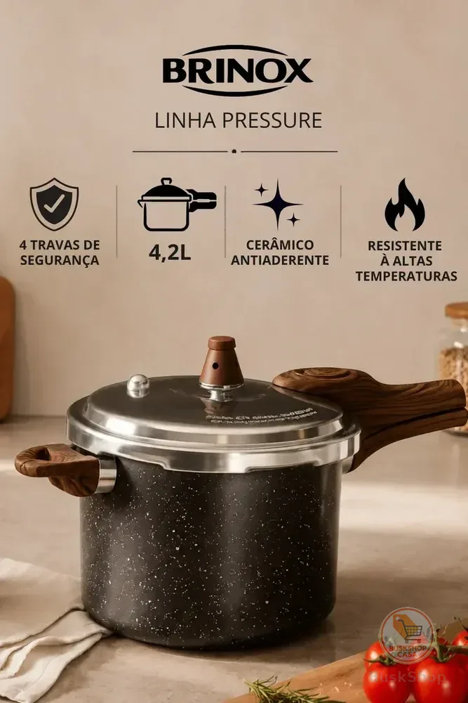 Panela de Pressão Brinox Cerâmica Antiaderente Indução Tampa Fechamento Externo 4,2 Litros Pressure Ceramic Life Granito A Vapor Com 4 Travas Alta Qualidade Premium Cabo Braquelite Soft Touch