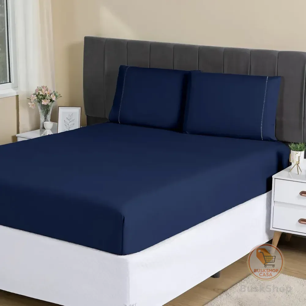 Jogo Lençol Casal 3pç 400 Fios Hipercal Conforto Macio Cor Azul-marinho Desenho do tecido Liso