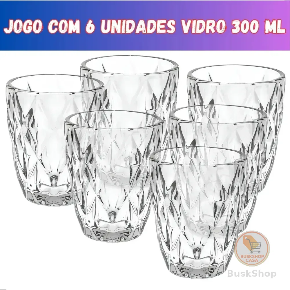 Jogo 6 Copos Vidro Diamante Grosso Resistente Agua 300ml Branco Ms Variedades