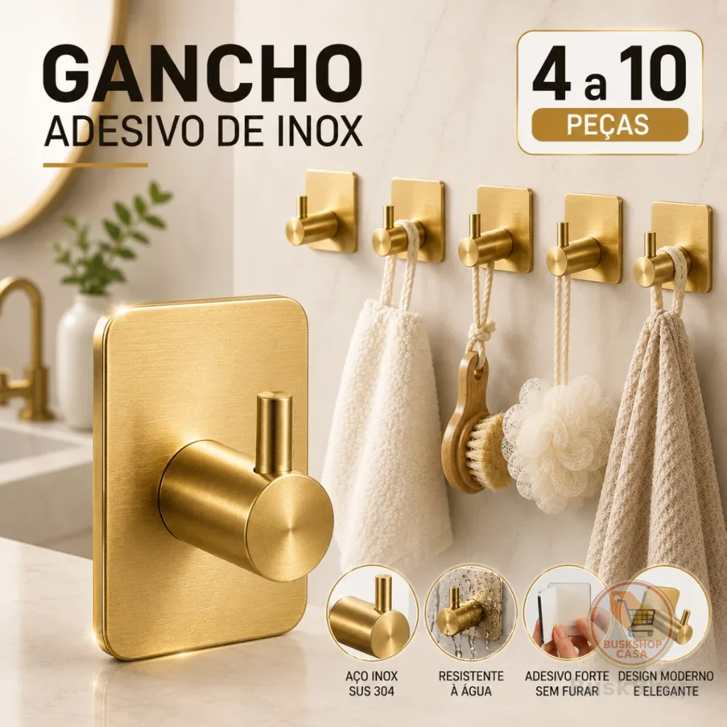 Kit 2 Gancho de parede Inox, Gancho Adesivo, cozinha, quarto, banheiro Alta Fixação, Suporte parede