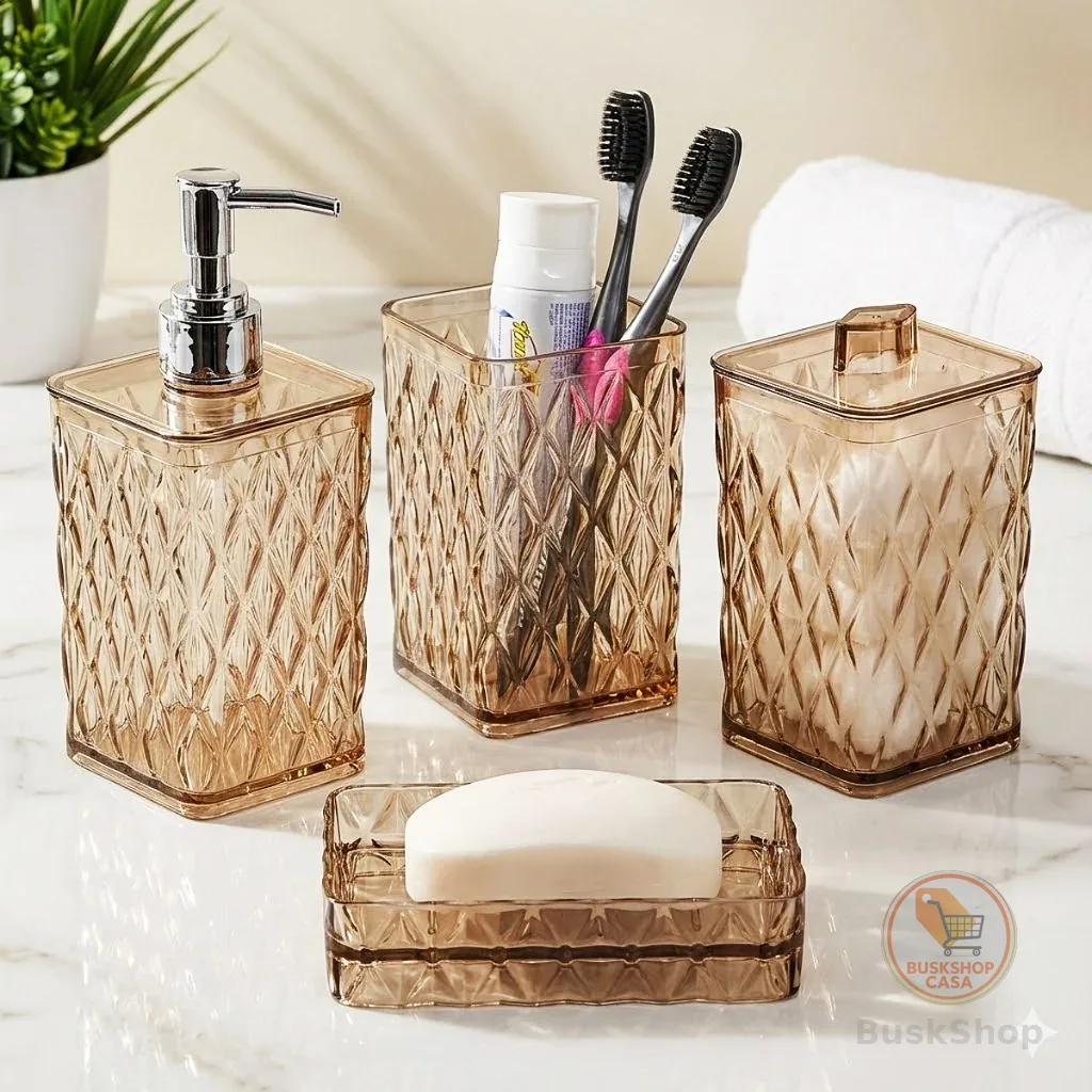 Kit de Banheiro 4 Itens Lavabo Glamour Ambar Plasútil Utilidades Decoração Organiza