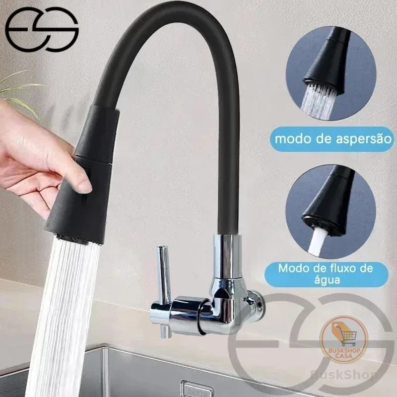 Torneira Gourmet Flexível Cozinha Parede Vertical Preto Prata ES