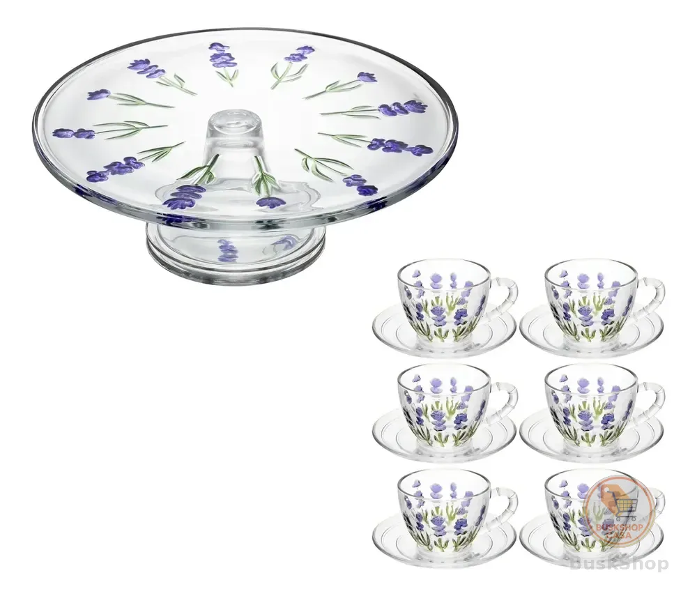 Kit 6 Xícaras C/ Pires E Boleira Sobremesa Bolo Chá Café Transparente Com Detalhes Roxos E Verdes Lavanda