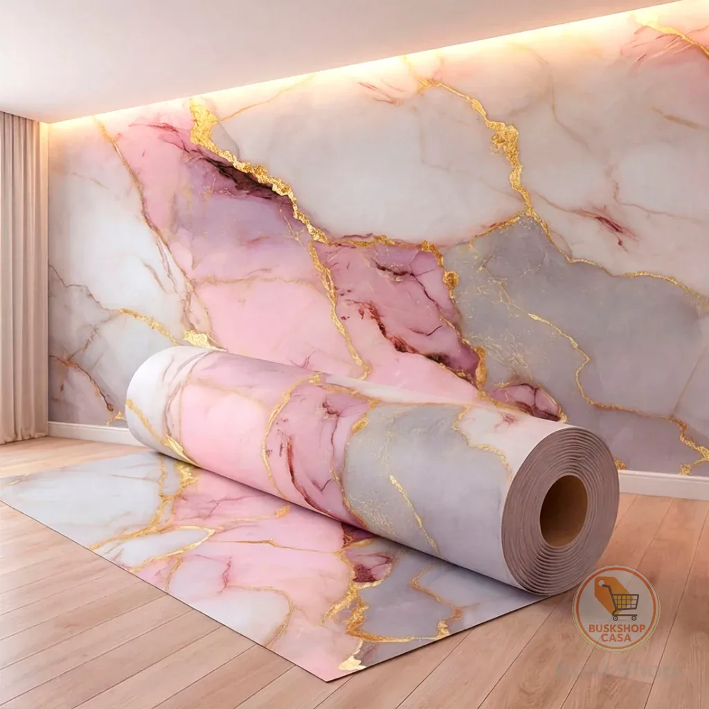 Papel de Parede Adesivo Mármore Rosa Dourado Delicado Para Quarto Salão