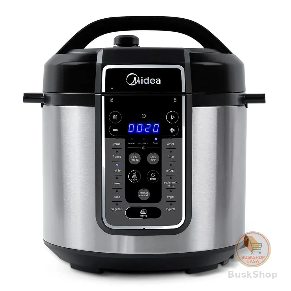 Midea Panela de Pressão Elétrica 6L com 12 receitas pré-programadas, 3 níveis de pressão e display digital, silenciosa e segura com 10 recursos de segurança, 220V