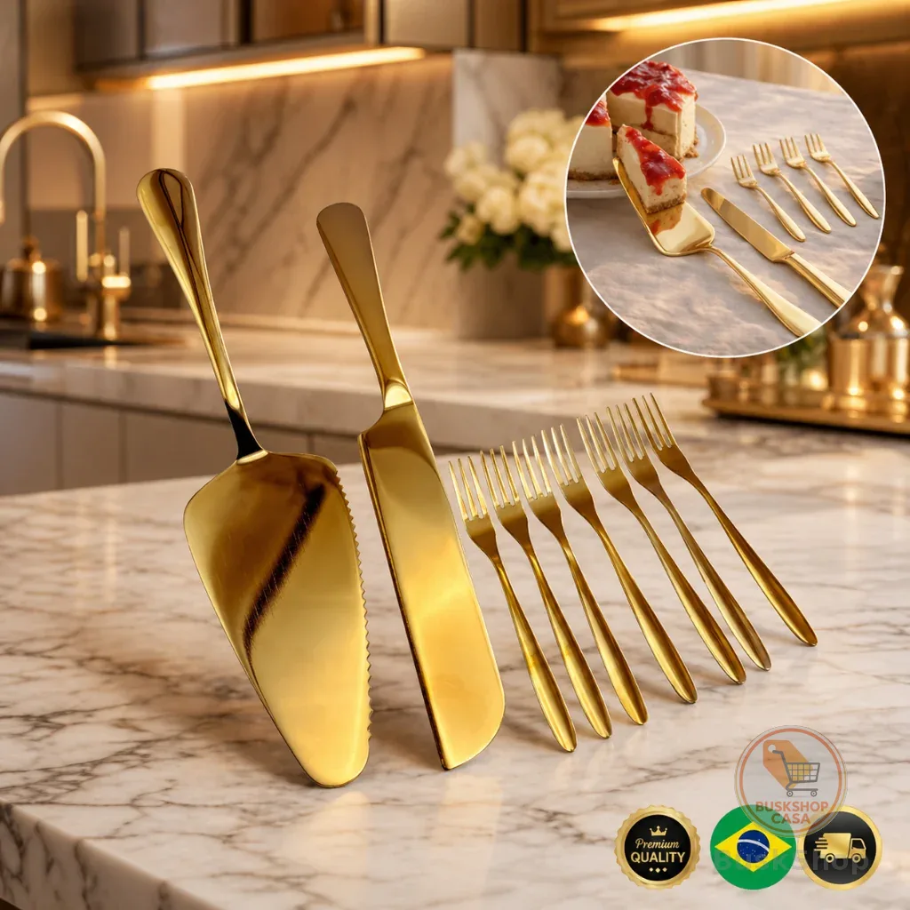 Jogo Talheres Dourados Para Bolo e Sobremesa – 8 Peças Luxo Inox