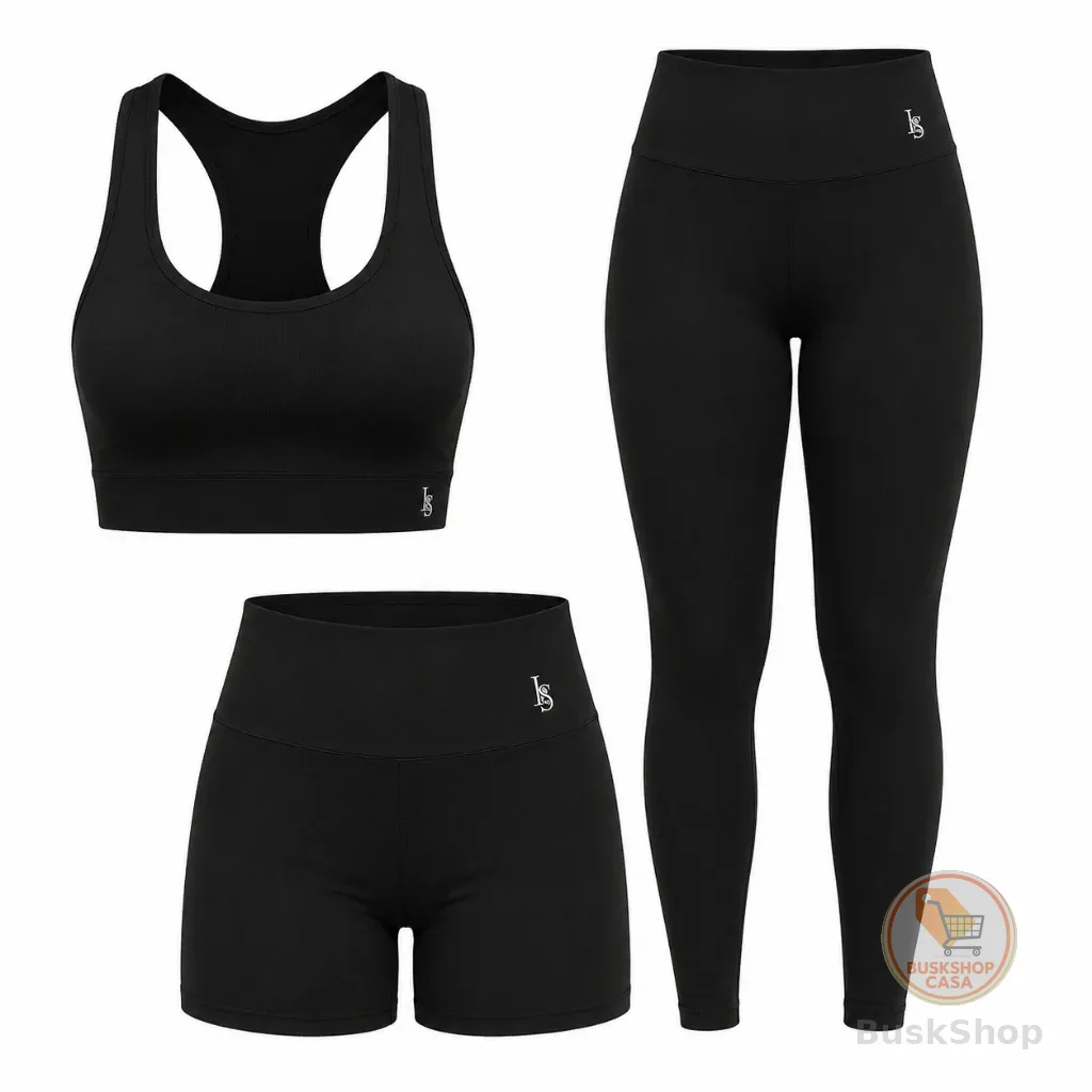 Kit Feminino Suplex  Tope Tipo nadador sem bojo, Calça legging cintura alta e Shorts de cintura alta