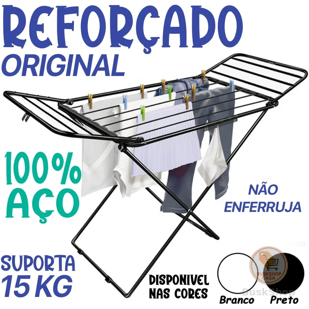 Varal de Chão com Abas Reforçado Aço Dobrável Miami Cortelux Branco Preto Azul