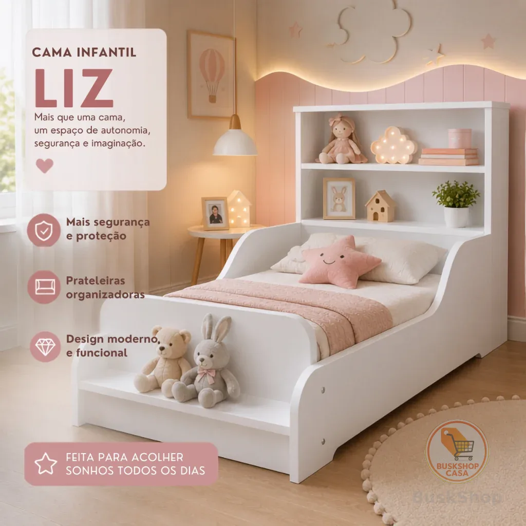 Mini Cama Montessoriana Casinha Infantil Liz Com Prateleiras De MDF Para Quarto
