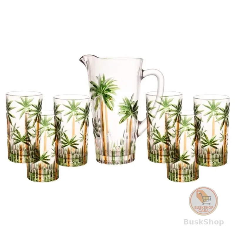 Kit 6 Copos 360ml com Jarra 1,2l De Cristal Palm Tree Coqueiros Wolff