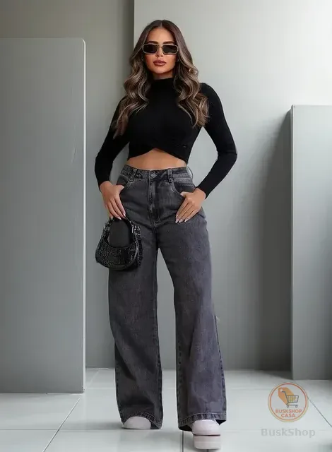 Calça Jeans Feminina Wide Leg Pantalona  100% Algodão