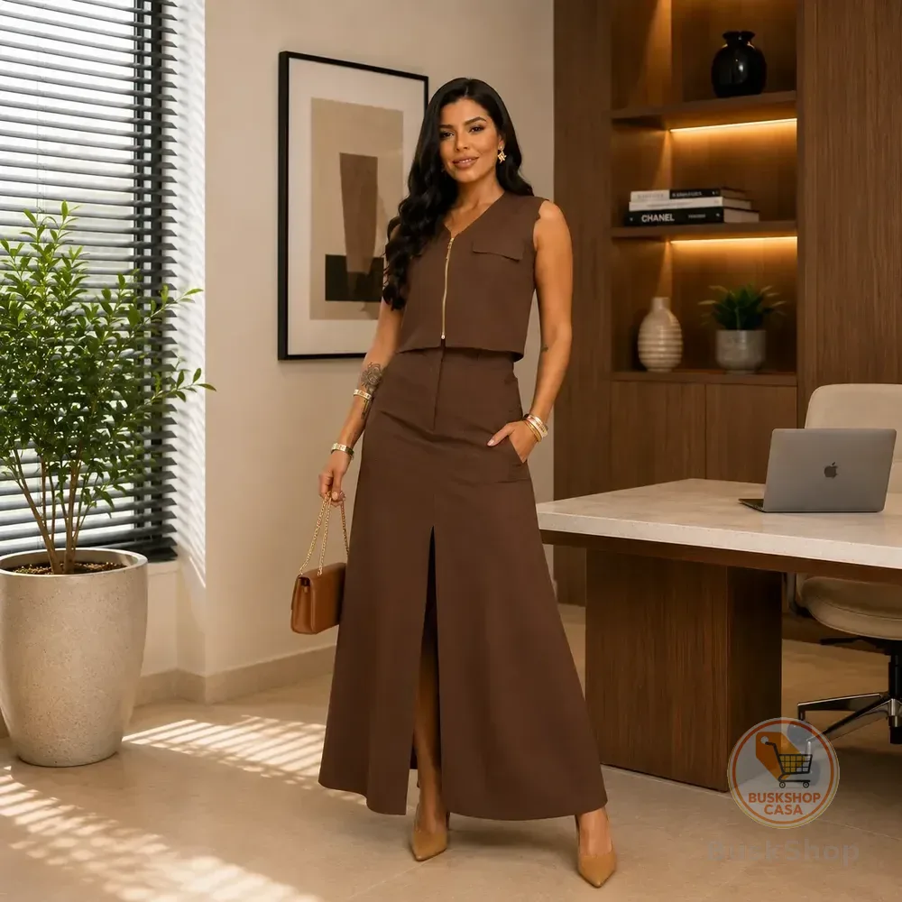 Conjunto Saia Longa Blusa Elegante Social Festa Chique Fenda Marrom Gg