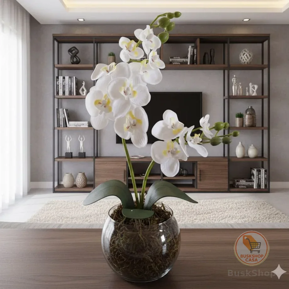 ARRANJO DE ORQUÍDEA BRANCA NO VASO DE VIDRO OU BARCA LUXO 40 CM ALTURA - PRONTO PARA DECORAR