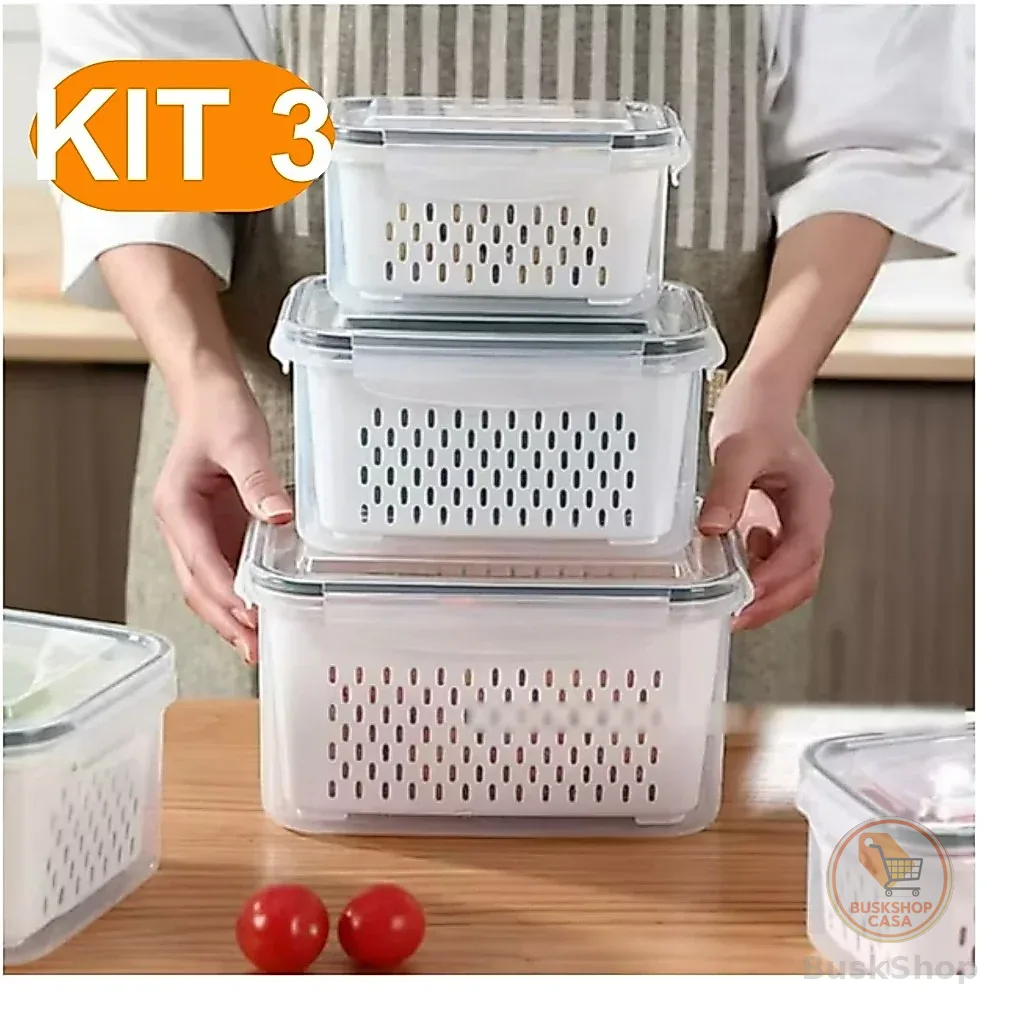 Kit 3 potes herméticos com tampa de vedação segura e design empilhável para geladeira
