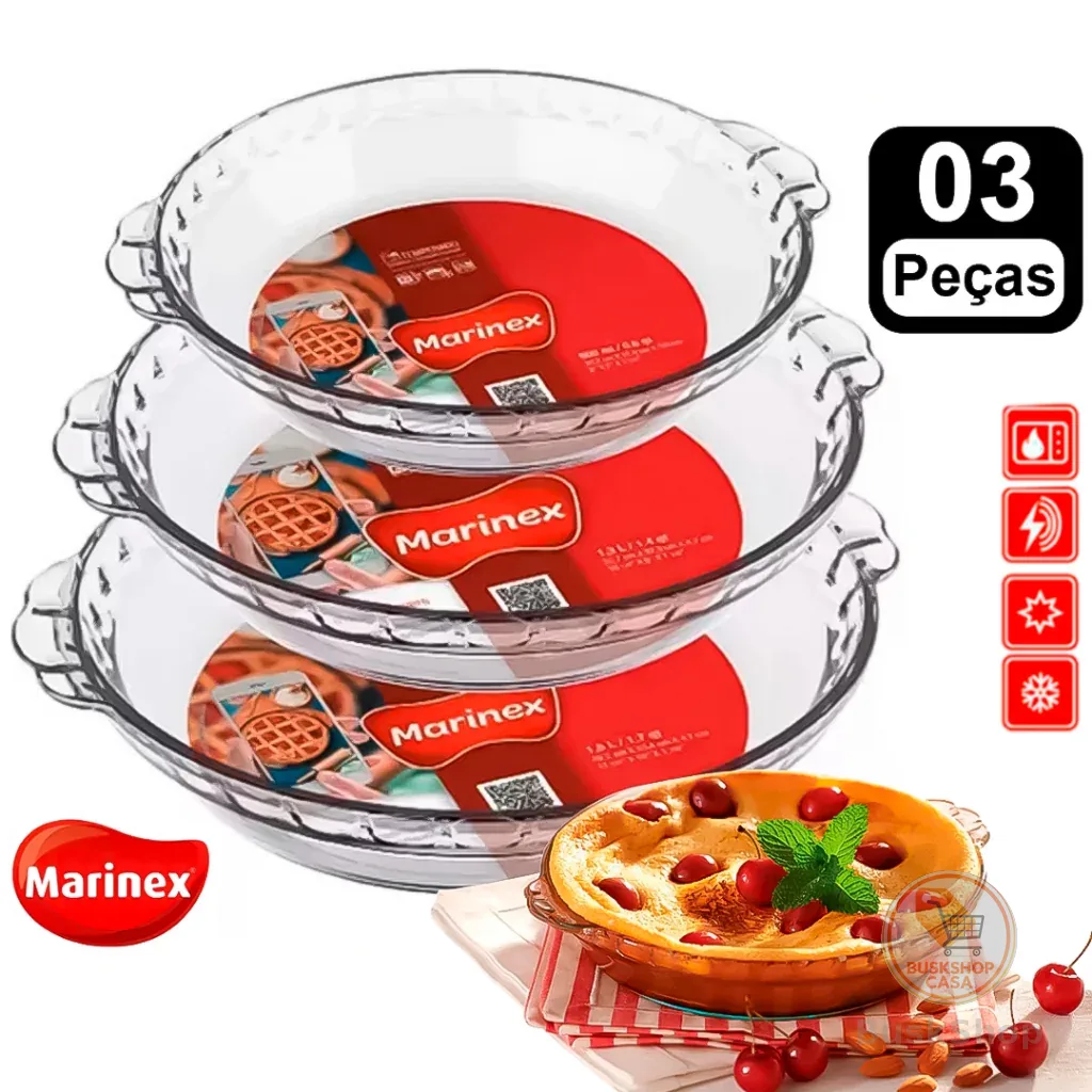 Jogo 3 Assadeiras Vidro Filetada Marinex 0,6L 1,3L 1,6L Conjunto Forma PMG Decorações Bolo Pudim
