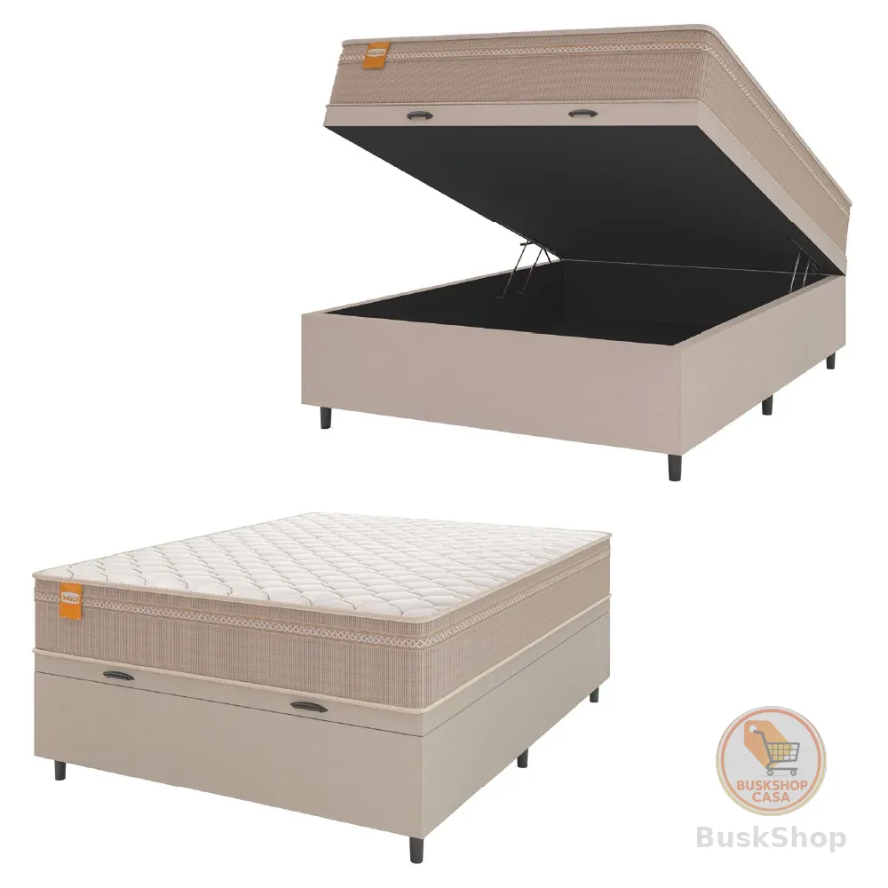 Cama Box Baú Casal Colchão Molas Qatar 138x188x63cm Bege/Branco Inducol - Suporta Até 200 Kg Por Pessoa