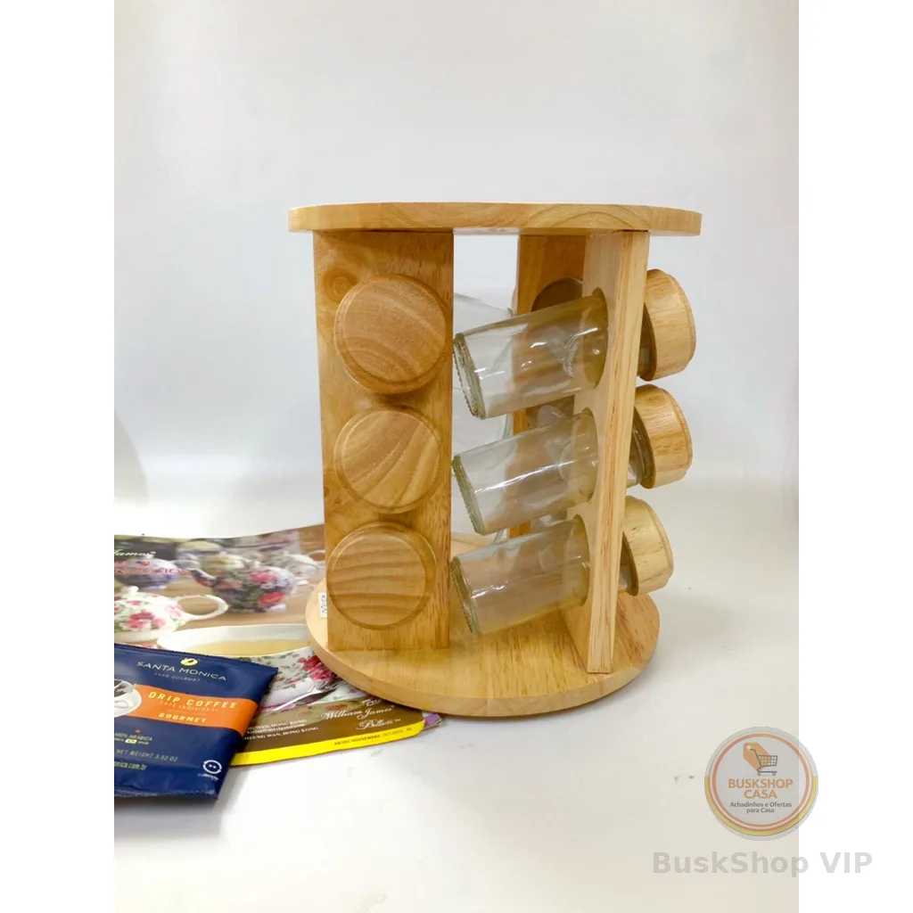 Porta Tempero Condimentos De Madeira Com Potes de Vidro Quantidade 12 Potes + Suporte Giratório