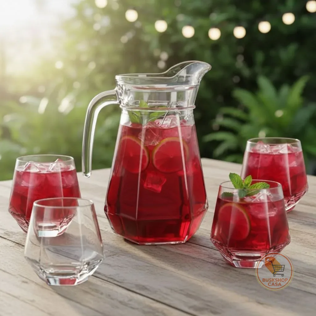 Jarra de Vidro com Tampa + 4 Copos Luxo Cozinha 1L e 260ML Agua Suco Mesa Posta Diamond Kit Conjunto